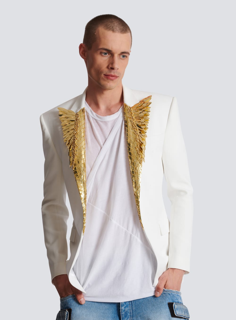 Men's Balmain Blazer Embroidered With Gold Feathers Blazers White | USA lzG1vAXA