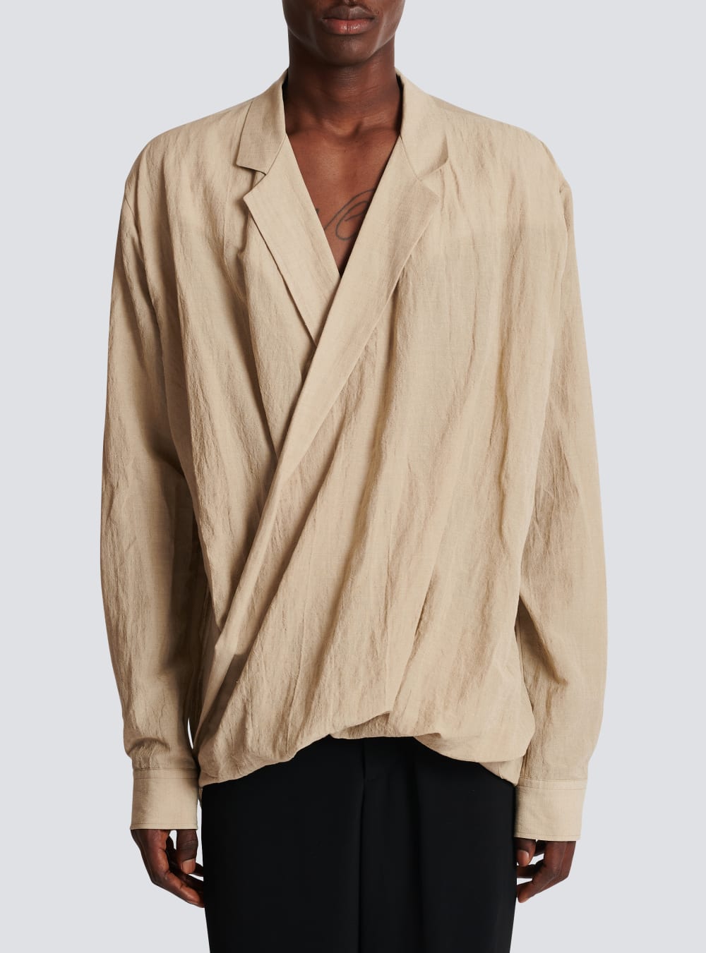 Men's Balmain Cotton And Linen Draped Shirts Beige | USA S3J8RPgM