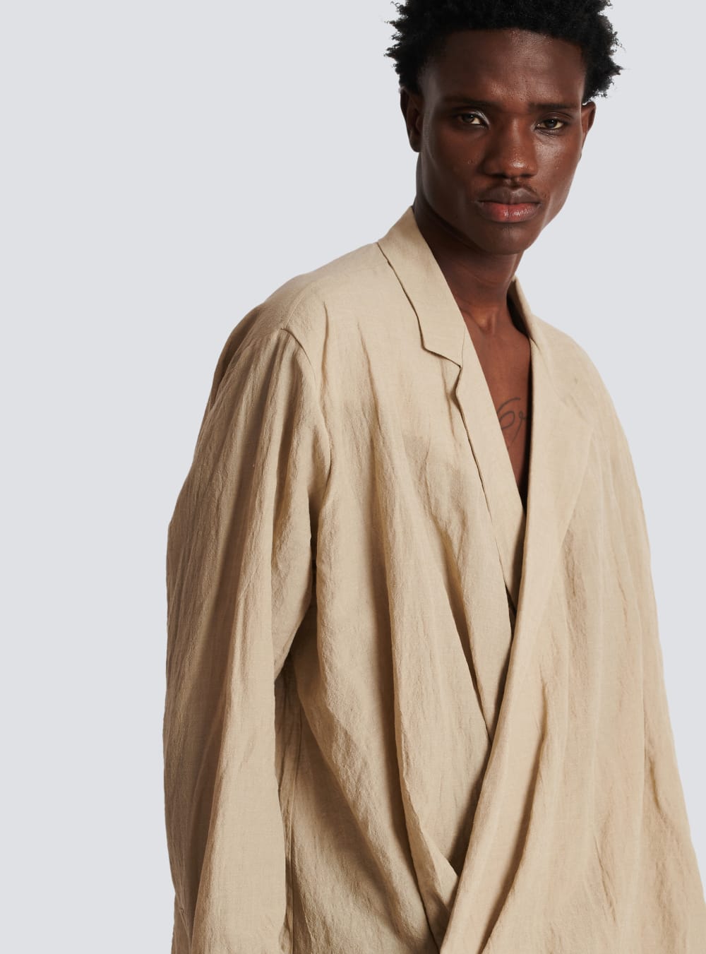 Men's Balmain Cotton And Linen Draped Shirts Beige | USA S3J8RPgM