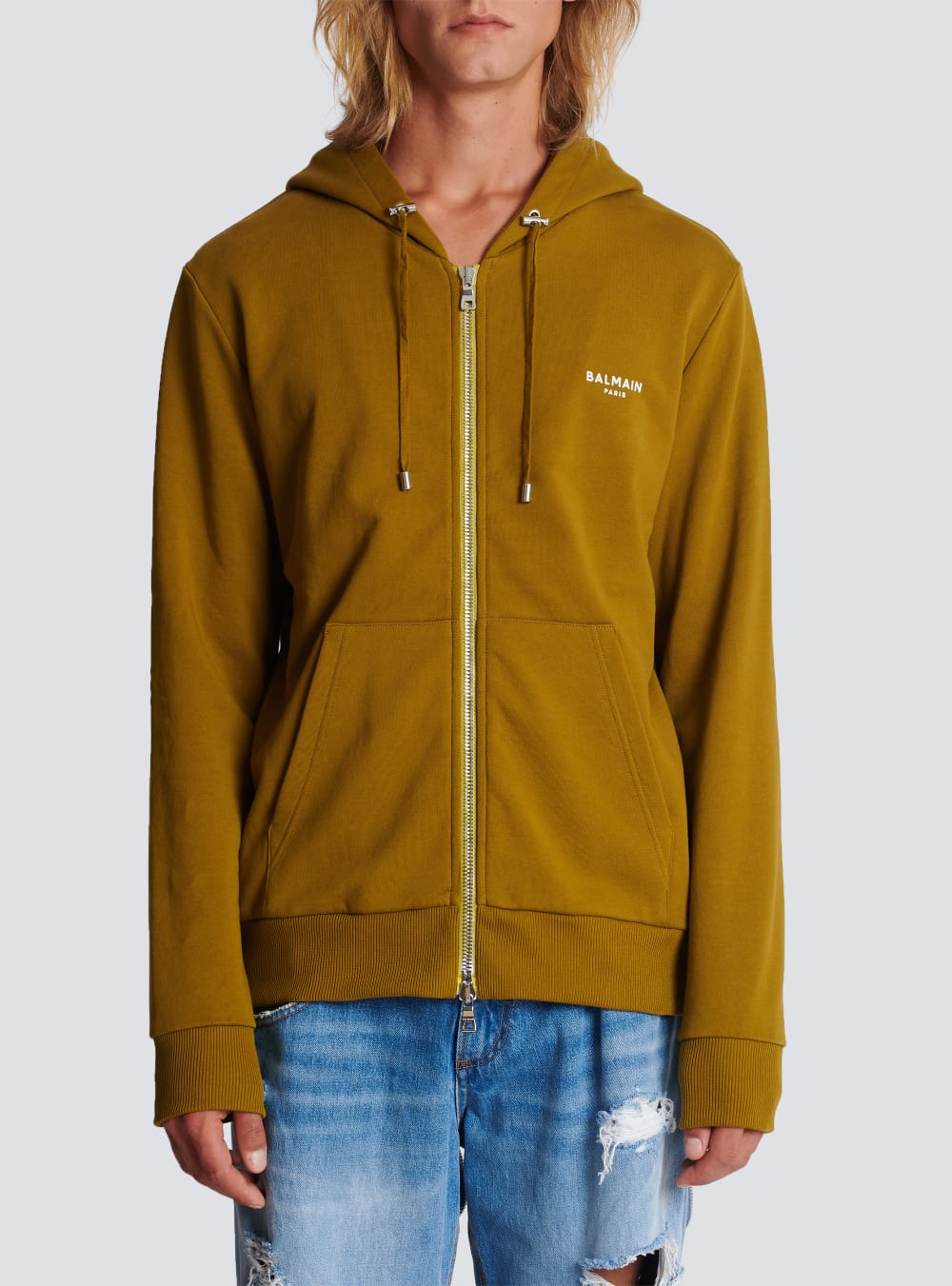 Men's Balmain Cotton In Eco-responsible Cotton With Flocked Logo Sweatshirts Khaki | USA 70z1YgV7