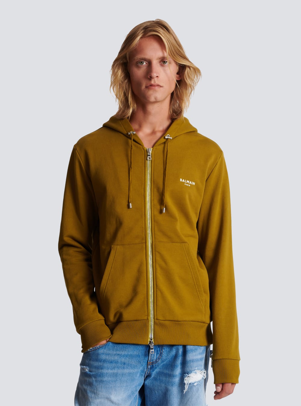 Men's Balmain Cotton In Eco-responsible Cotton With Flocked Logo Sweatshirts Khaki | USA 70z1YgV7