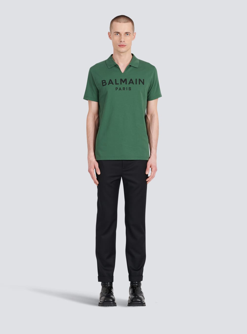 Men's Balmain Cotton Polo With Black Logo Print Shirts Green | USA 7VTWrARl