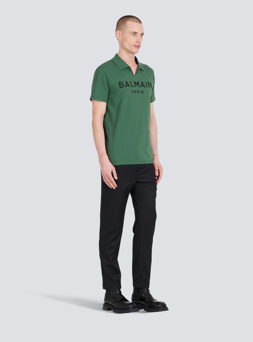 Men's Balmain Cotton Polo With Black Logo Print Shirts Green | USA 7VTWrARl