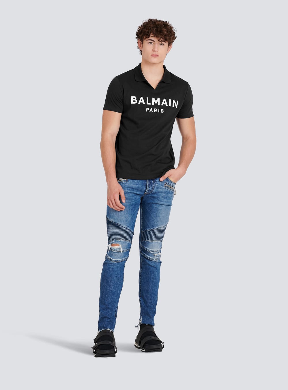 Men's Balmain Cotton Polo With Black Logo Print Shirts Black | USA UEA56eZB