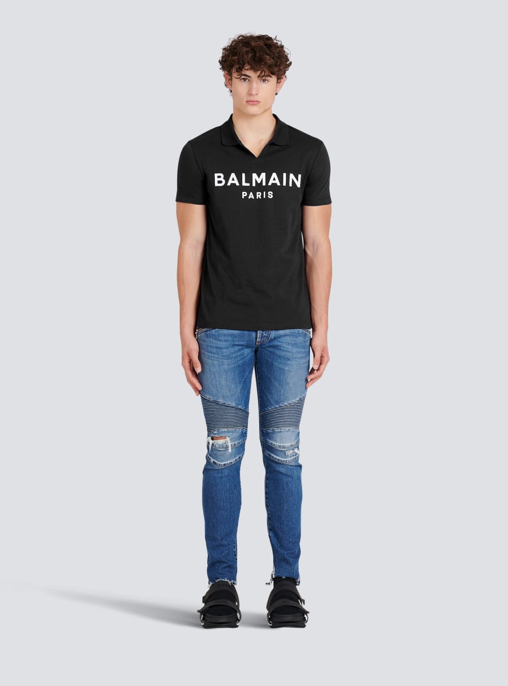 Men's Balmain Cotton Polo With Black Logo Print Shirts Black | USA UEA56eZB