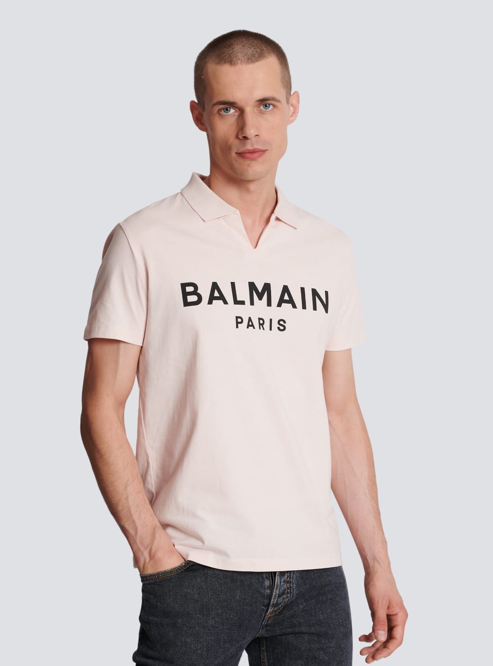 Men's Balmain Cotton Polo With Black Logo Print Shirts Pink | USA oSweldNW