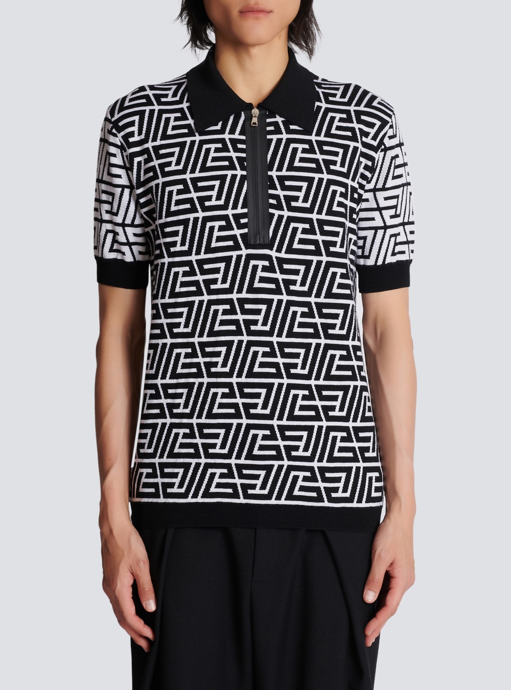 Men's Balmain Cotton Polo With Pyramid Monogram Shirts Black | USA paTqZcqQ