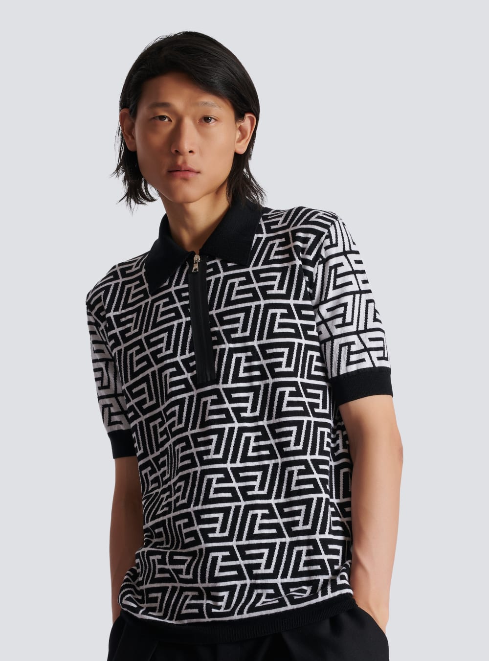 Men's Balmain Cotton Polo With Pyramid Monogram Shirts Black | USA paTqZcqQ