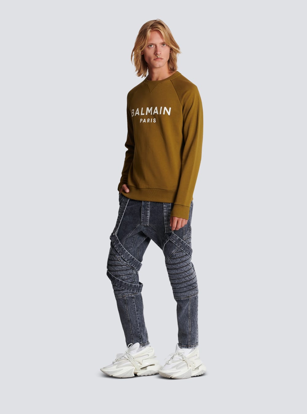 Men's Balmain Cotton Printed Logo Sweatshirts Khaki | USA BQmJKbOU