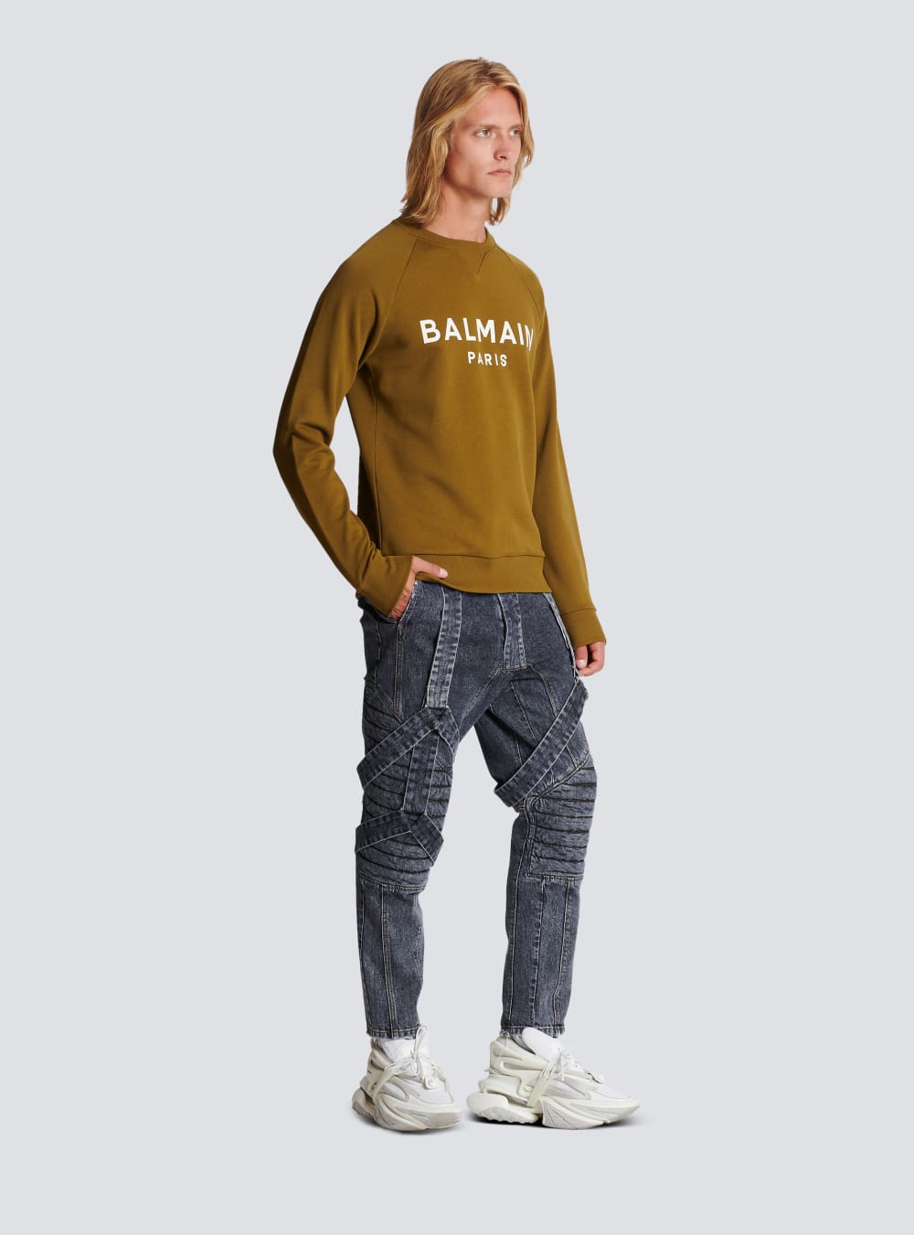 Men's Balmain Cotton Printed Logo Sweatshirts Khaki | USA BQmJKbOU