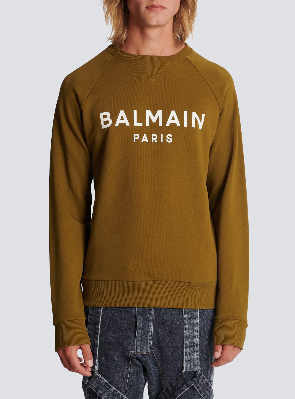 Men's Balmain Cotton Printed Logo Sweatshirts Khaki | USA BQmJKbOU