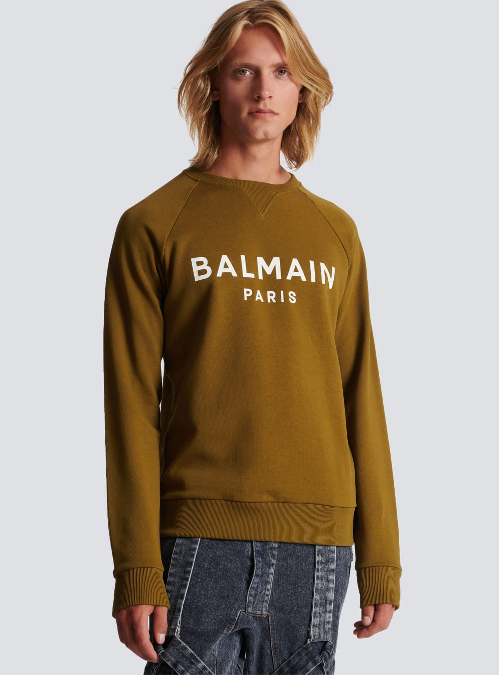 Men's Balmain Cotton Printed Logo Sweatshirts Khaki | USA BQmJKbOU