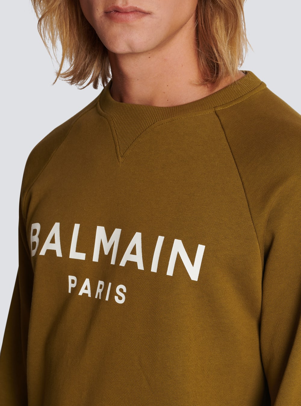 Men's Balmain Cotton Printed Logo Sweatshirts Khaki | USA BQmJKbOU