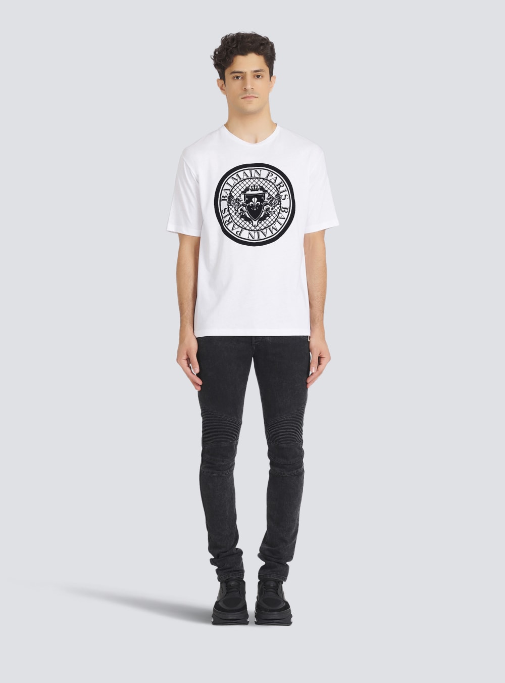 Men's Balmain Cotton With Flocked Medallion T Shirts White | USA dB7fqcGO