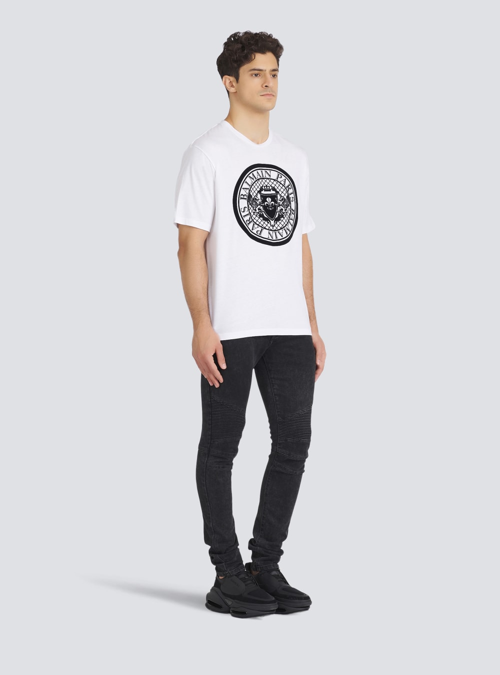 Men's Balmain Cotton With Flocked Medallion T Shirts White | USA dB7fqcGO