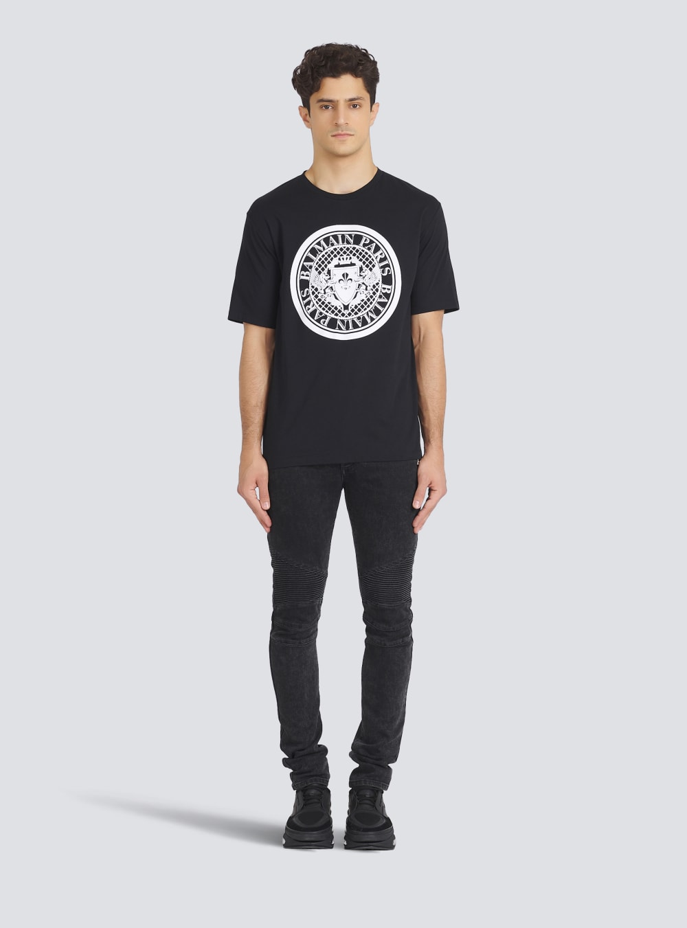 Men's Balmain Cotton With Flocked Medallion T Shirts Black | USA e9YX6cFH