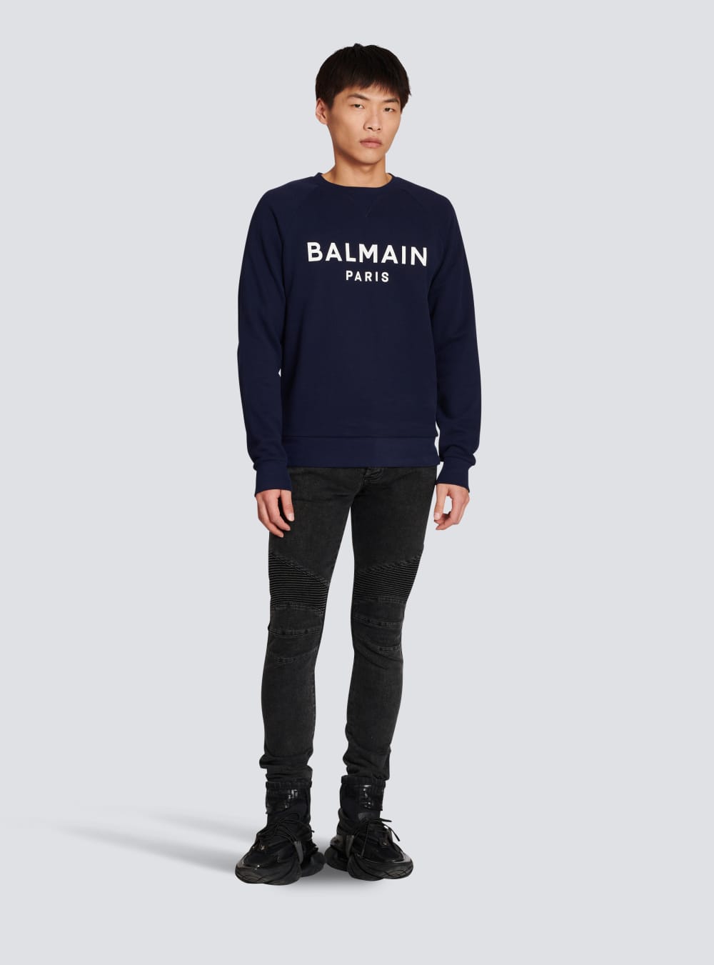 Men's Balmain Cotton With Flocked Paris Logo Sweatshirts Navy | USA r7AP9BIZ