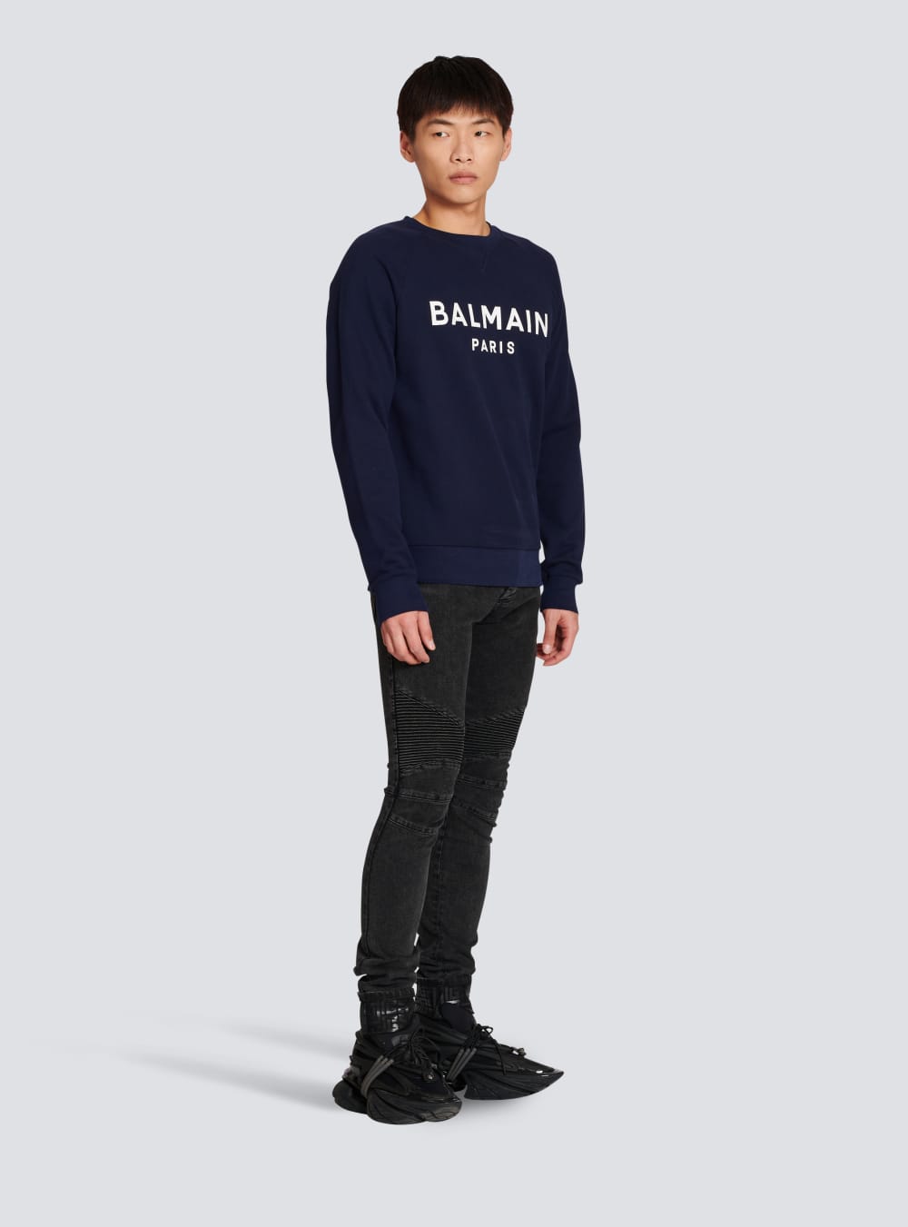 Men's Balmain Cotton With Flocked Paris Logo Sweatshirts Navy | USA r7AP9BIZ