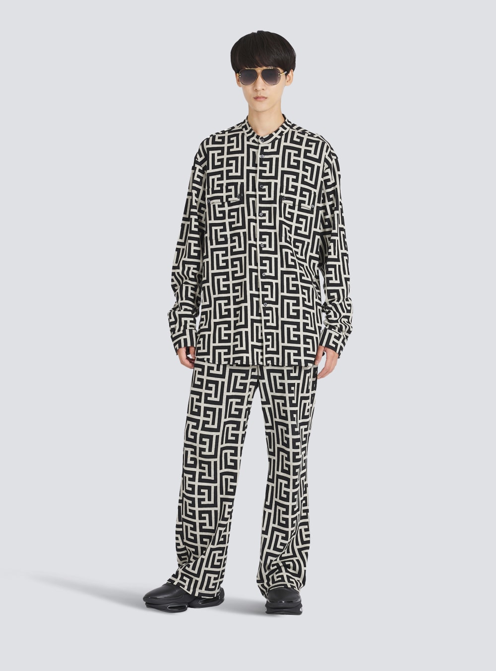 Men's Balmain Cotton With Maxi Monogram Print Shirts Black | USA lcMj8tFS