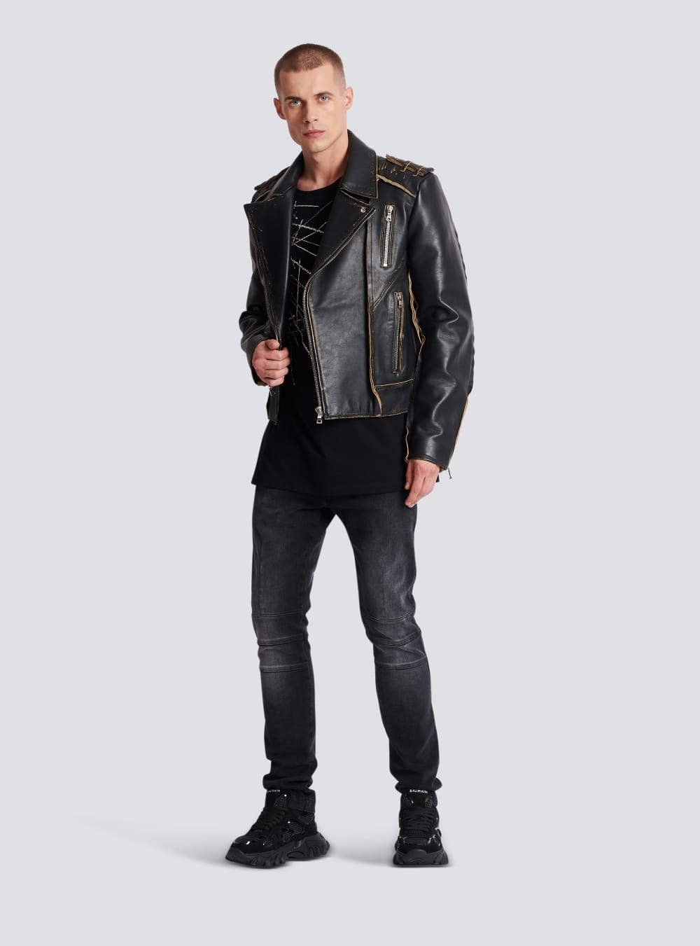 Men's Balmain Deconstructed Leather Biker Jackets Black | USA wQkgKcwZ