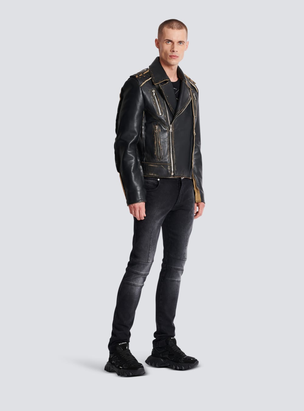 Men's Balmain Deconstructed Leather Biker Jackets Black | USA wQkgKcwZ