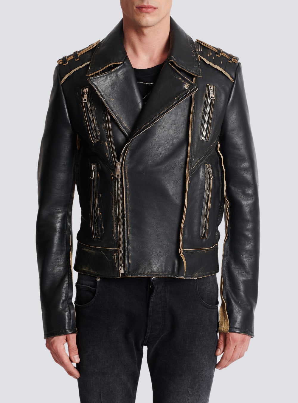 Men's Balmain Deconstructed Leather Biker Jackets Black | USA wQkgKcwZ