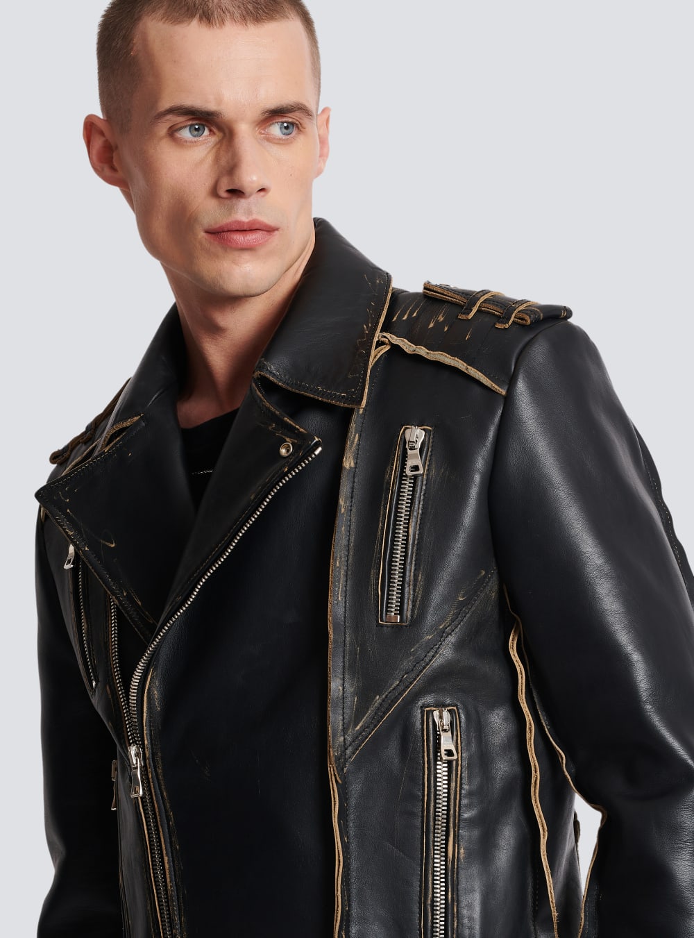 Men's Balmain Deconstructed Leather Biker Jackets Black | USA wQkgKcwZ