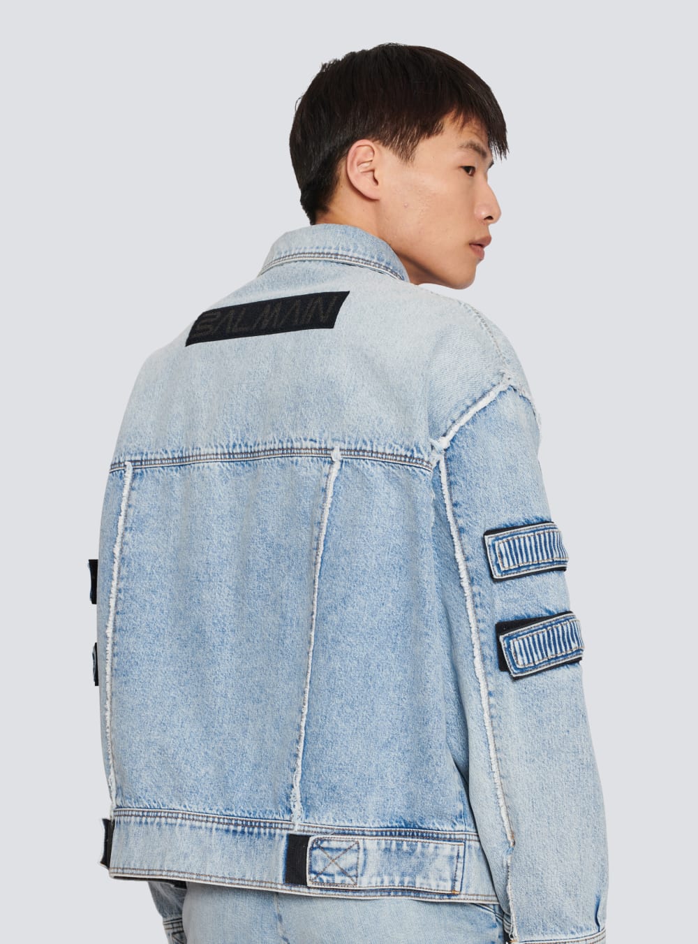 Men's Balmain Denim With Velcro Stripes Jackets Blue | USA TKzgCAj0