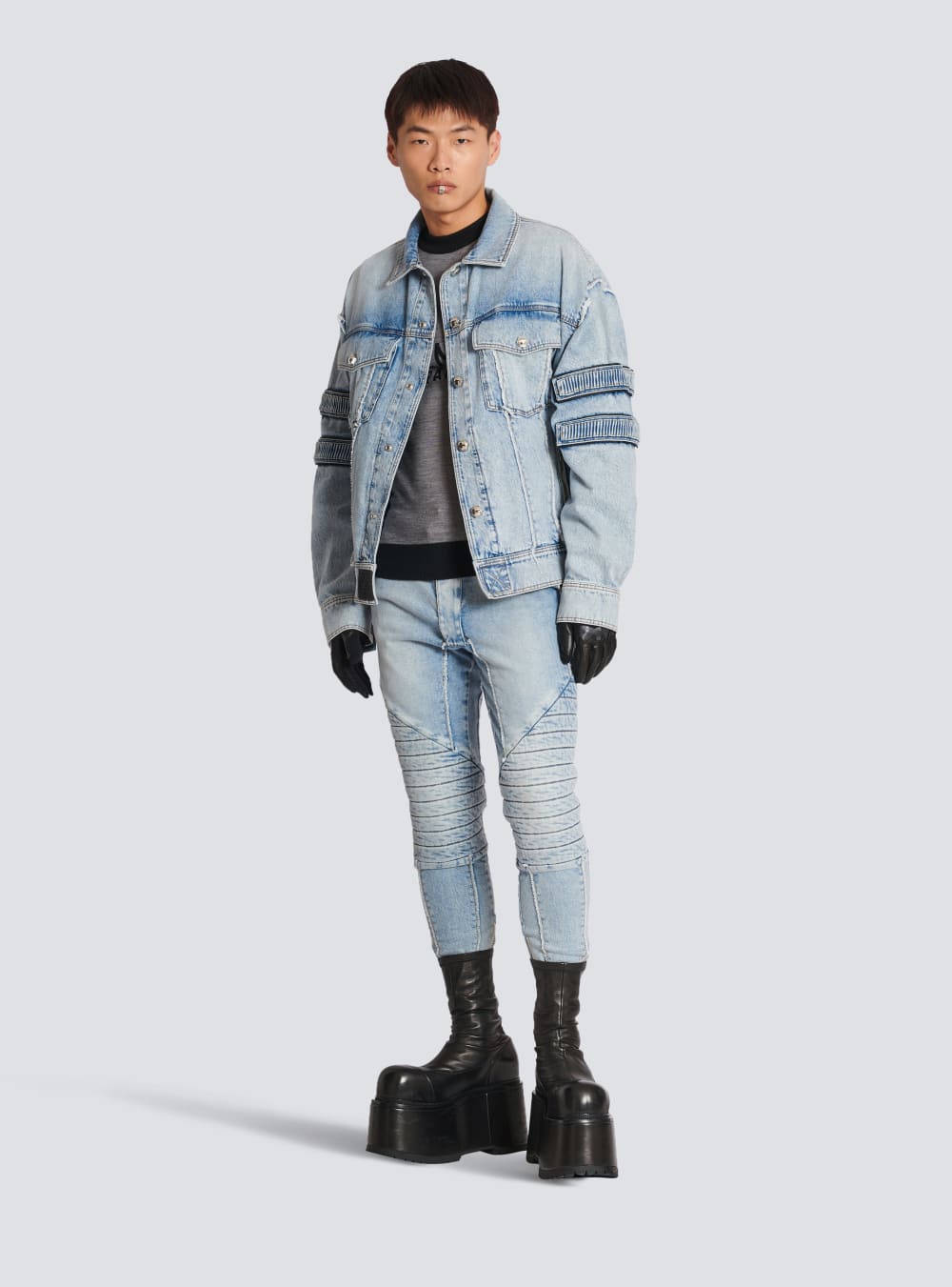 Men's Balmain Denim With Velcro Stripes Jackets Blue | USA TKzgCAj0