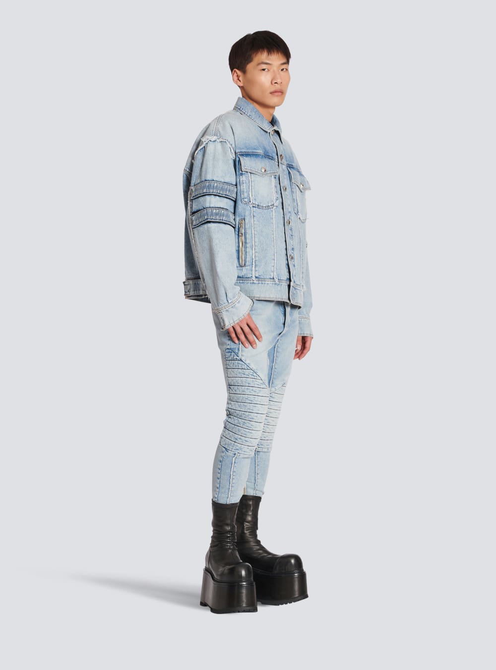 Men's Balmain Denim With Velcro Stripes Jackets Blue | USA TKzgCAj0