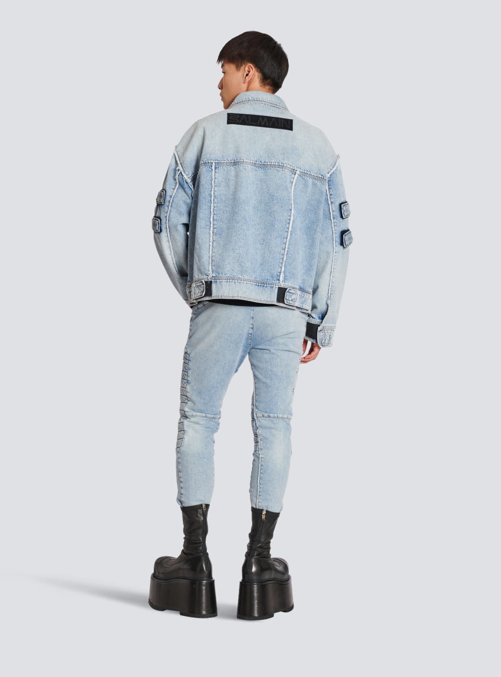 Men's Balmain Denim With Velcro Stripes Jackets Blue | USA TKzgCAj0