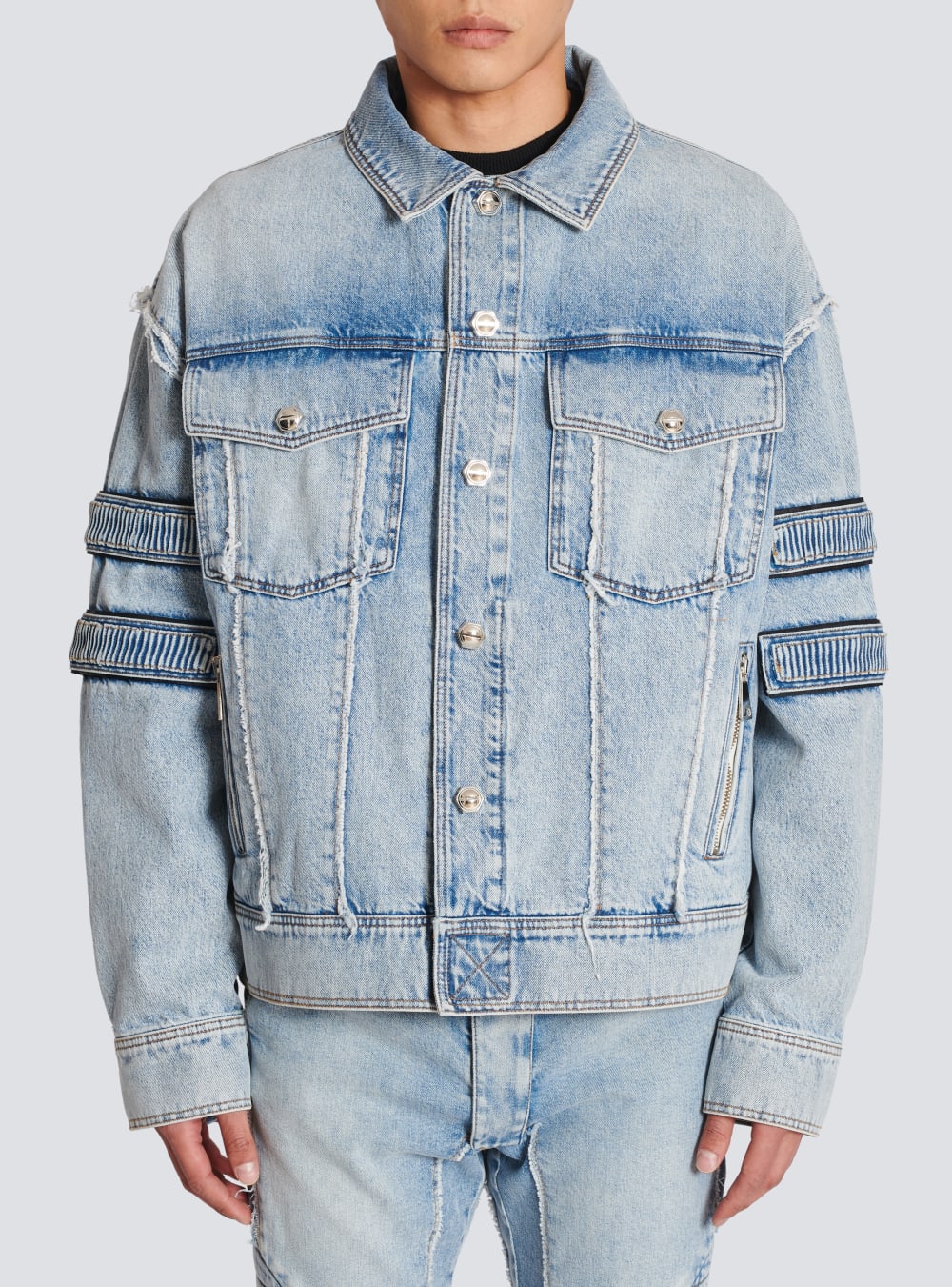 Men's Balmain Denim With Velcro Stripes Jackets Blue | USA TKzgCAj0