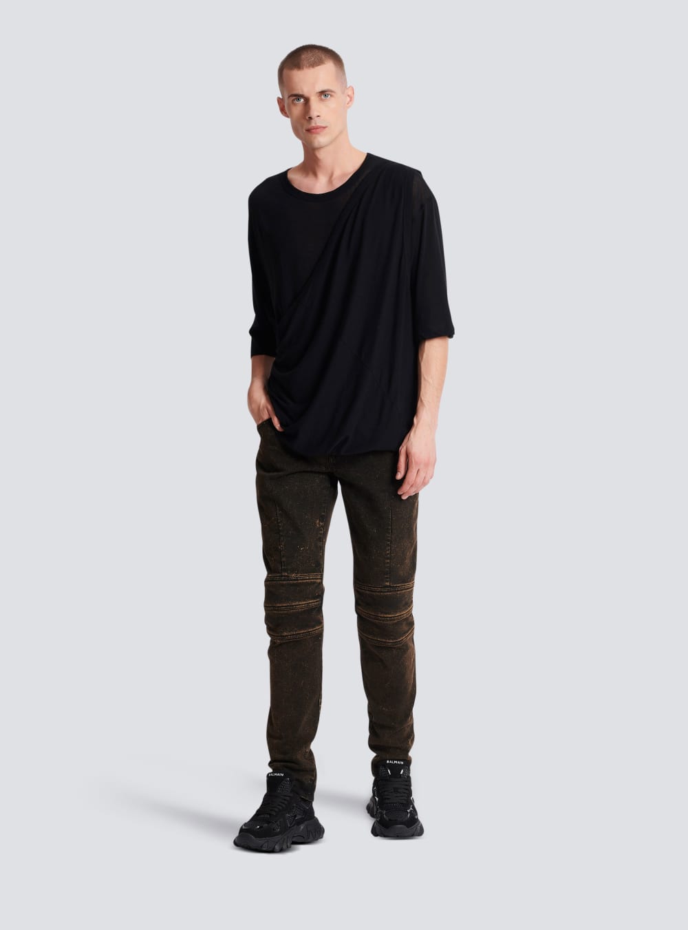 Men's Balmain Draped Jersey T Shirts Black | USA gJa94cpb