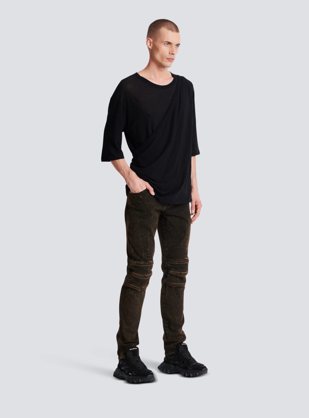 Men's Balmain Draped Jersey T Shirts Black | USA gJa94cpb