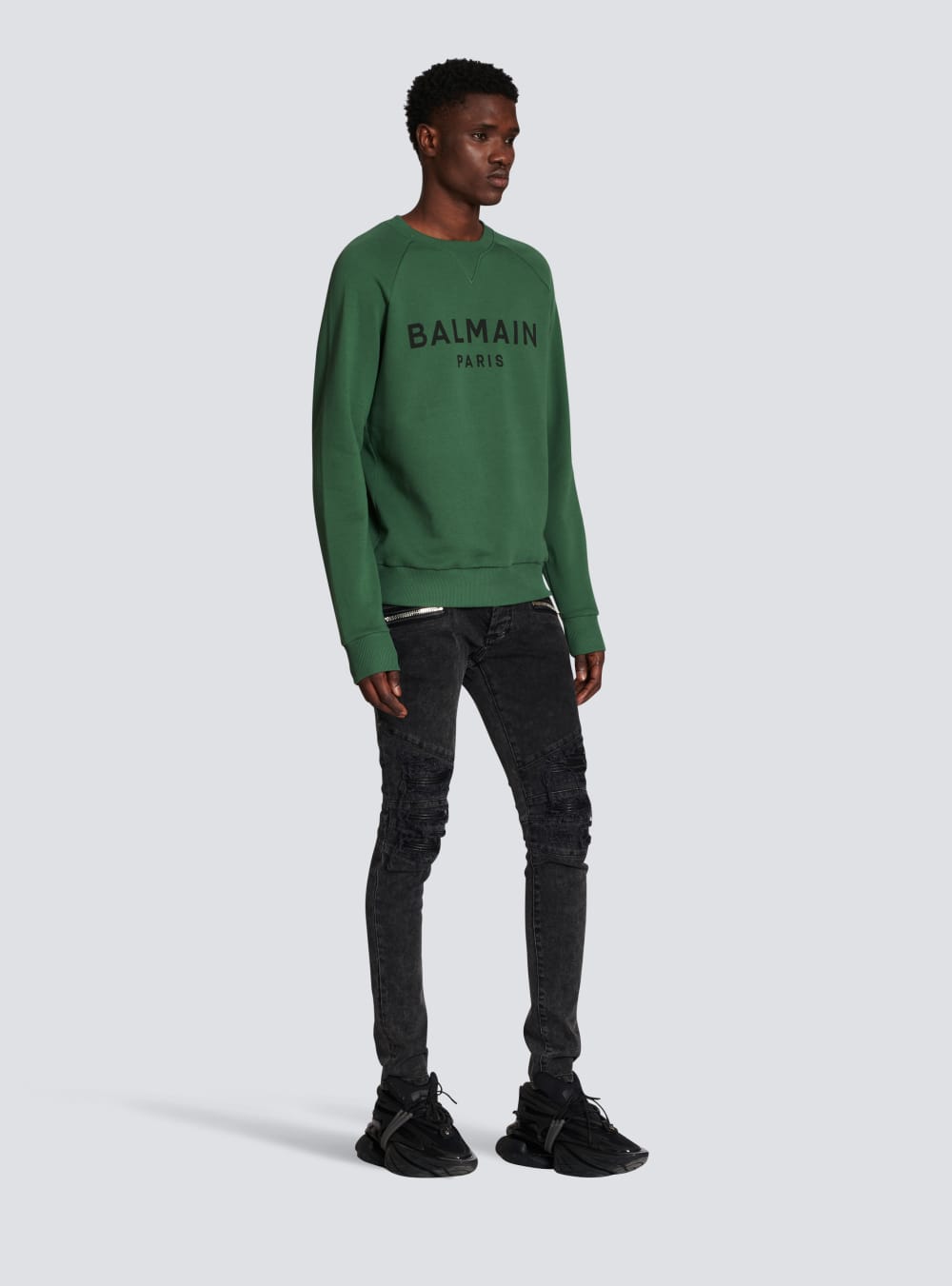 Men's Balmain Eco-designed Cotton With Paris Metallic Logo Print Sweatshirts Green | USA URqHwMpz