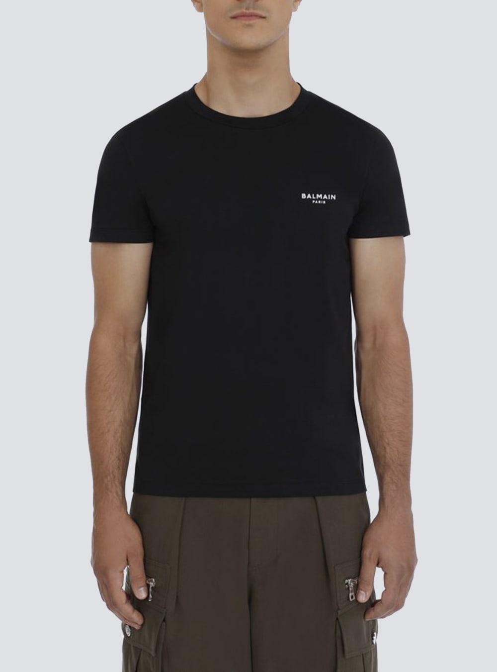 Men's Balmain Eco-designed Cotton With Small Flocked Paris Logo T Shirts Black | USA B3cV3qkC