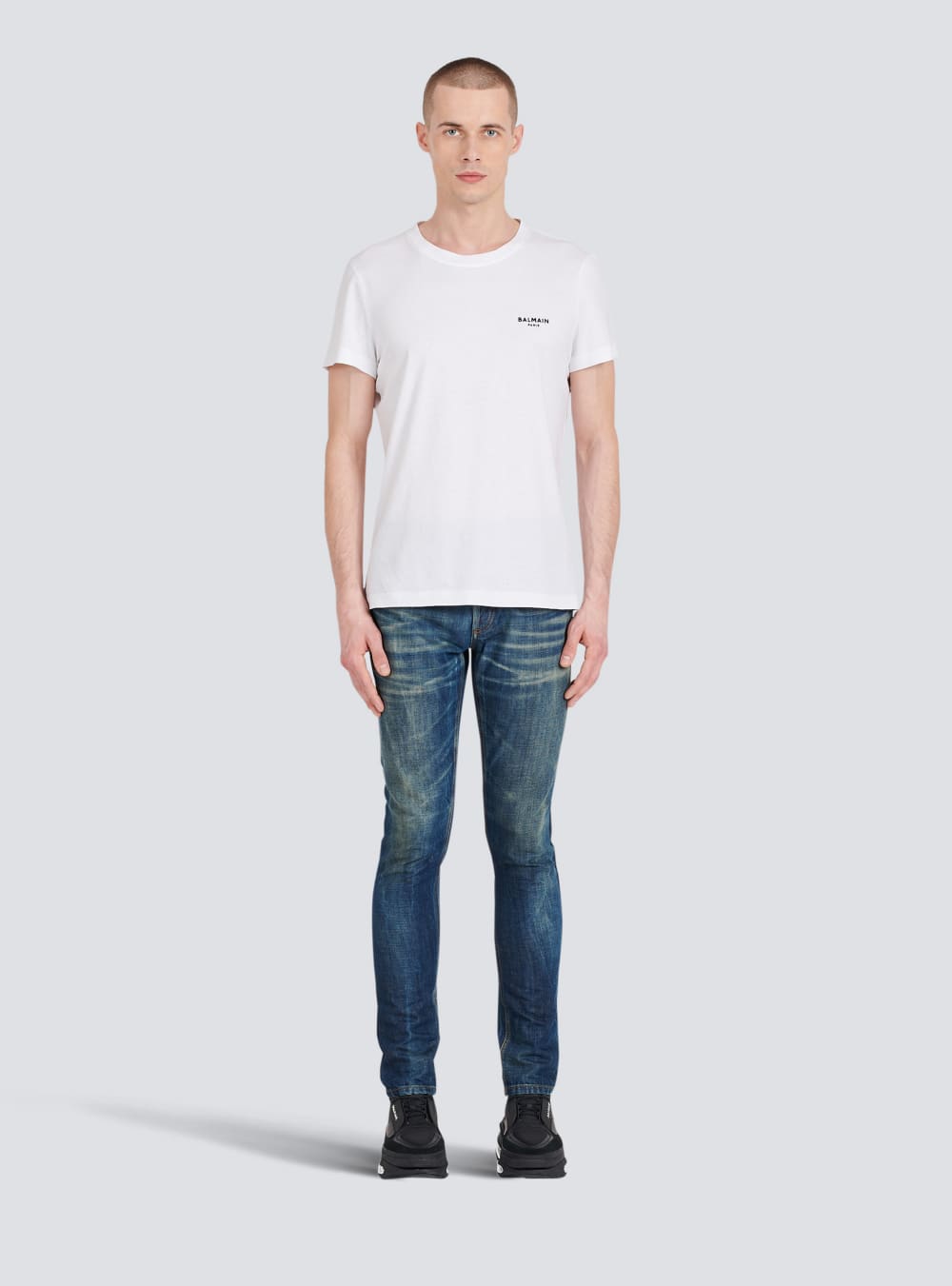 Men's Balmain Eco-designed Cotton With Small Flocked Paris Logo T Shirts White | USA cJBmKsKr