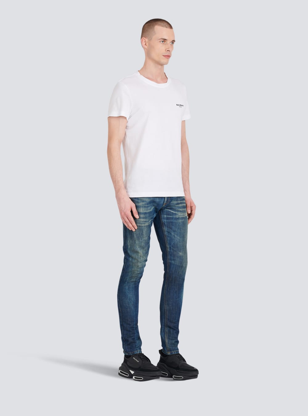 Men's Balmain Eco-designed Cotton With Small Flocked Paris Logo T Shirts White | USA cJBmKsKr