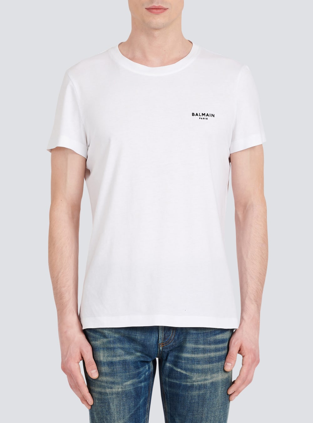 Men's Balmain Eco-designed Cotton With Small Flocked Paris Logo T Shirts White | USA cJBmKsKr