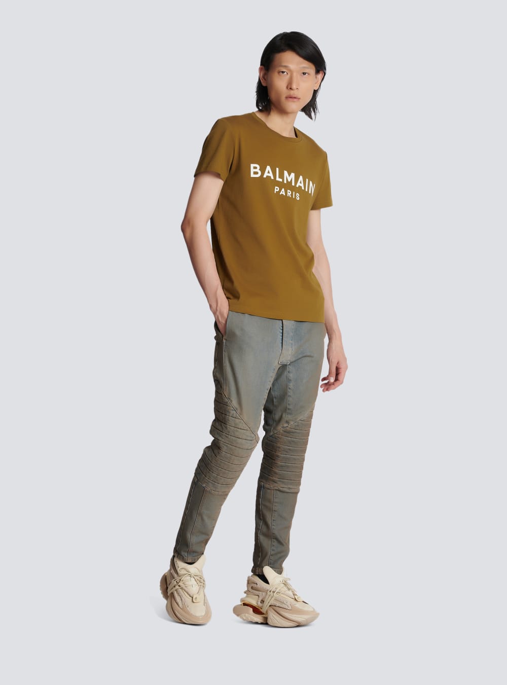 Men's Balmain Eco-responsible Cotton With Logo Print T Shirts Khaki | USA T2ltrA9V