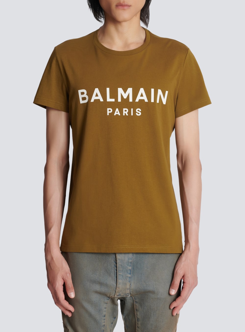 Men's Balmain Eco-responsible Cotton With Logo Print T Shirts Khaki | USA T2ltrA9V