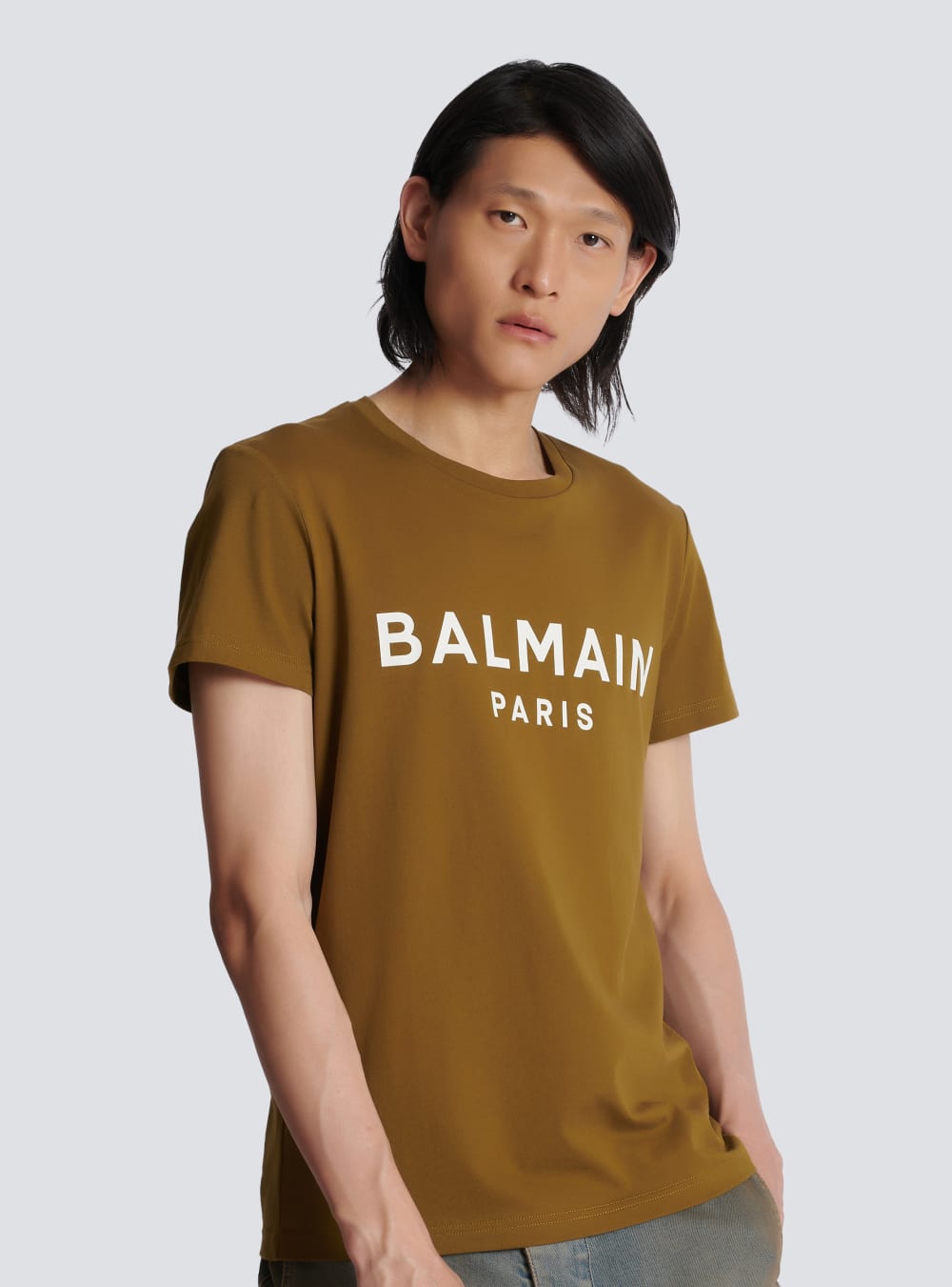 Men's Balmain Eco-responsible Cotton With Logo Print T Shirts Khaki | USA T2ltrA9V