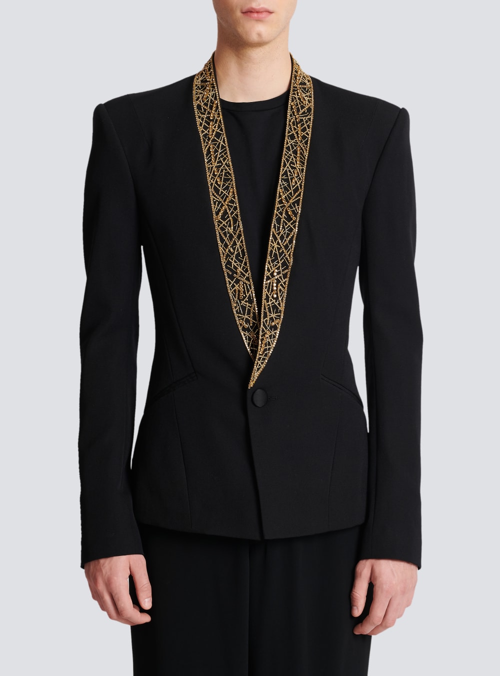 Men's Balmain Embroidered Collarless Jackets Black | USA UUGUNdz3