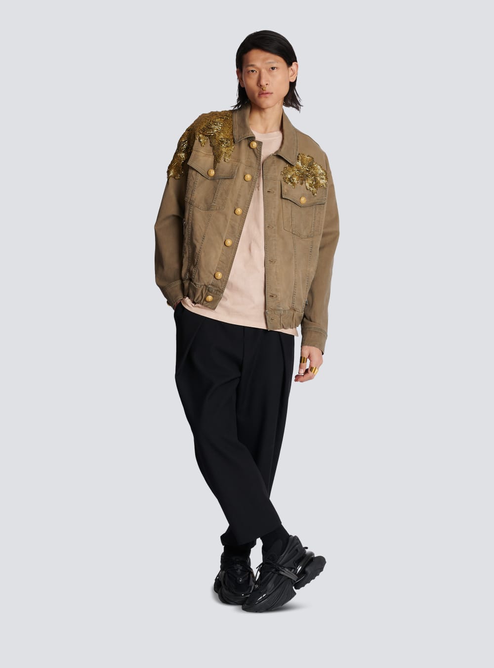 Men's Balmain Embroidered Denim Jackets Khaki | USA w7SpMq7k