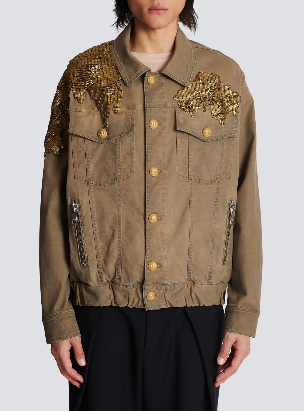 Men's Balmain Embroidered Denim Jackets Khaki | USA w7SpMq7k