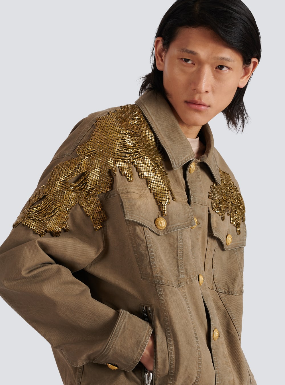 Men's Balmain Embroidered Denim Jackets Khaki | USA w7SpMq7k