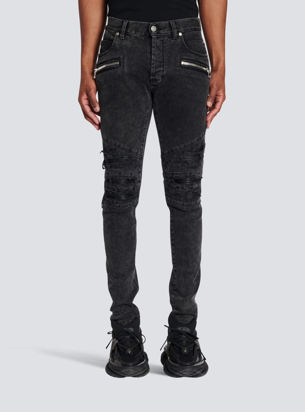 Men's Balmain Faded Faux Leather Slim Jeans Black | USA ku9jqI8y