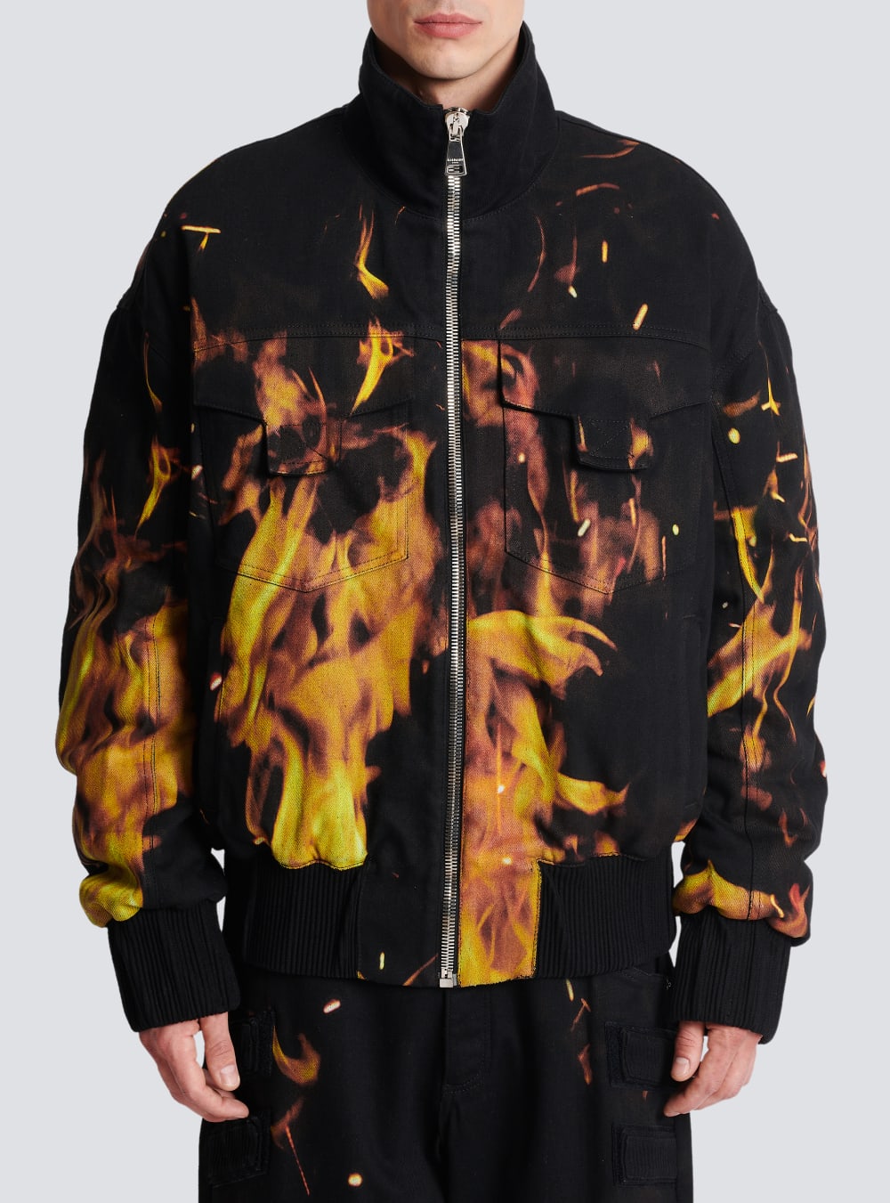 Men's Balmain Fire Print Denim Bomber Jackets Orange | USA TOYqJdpI