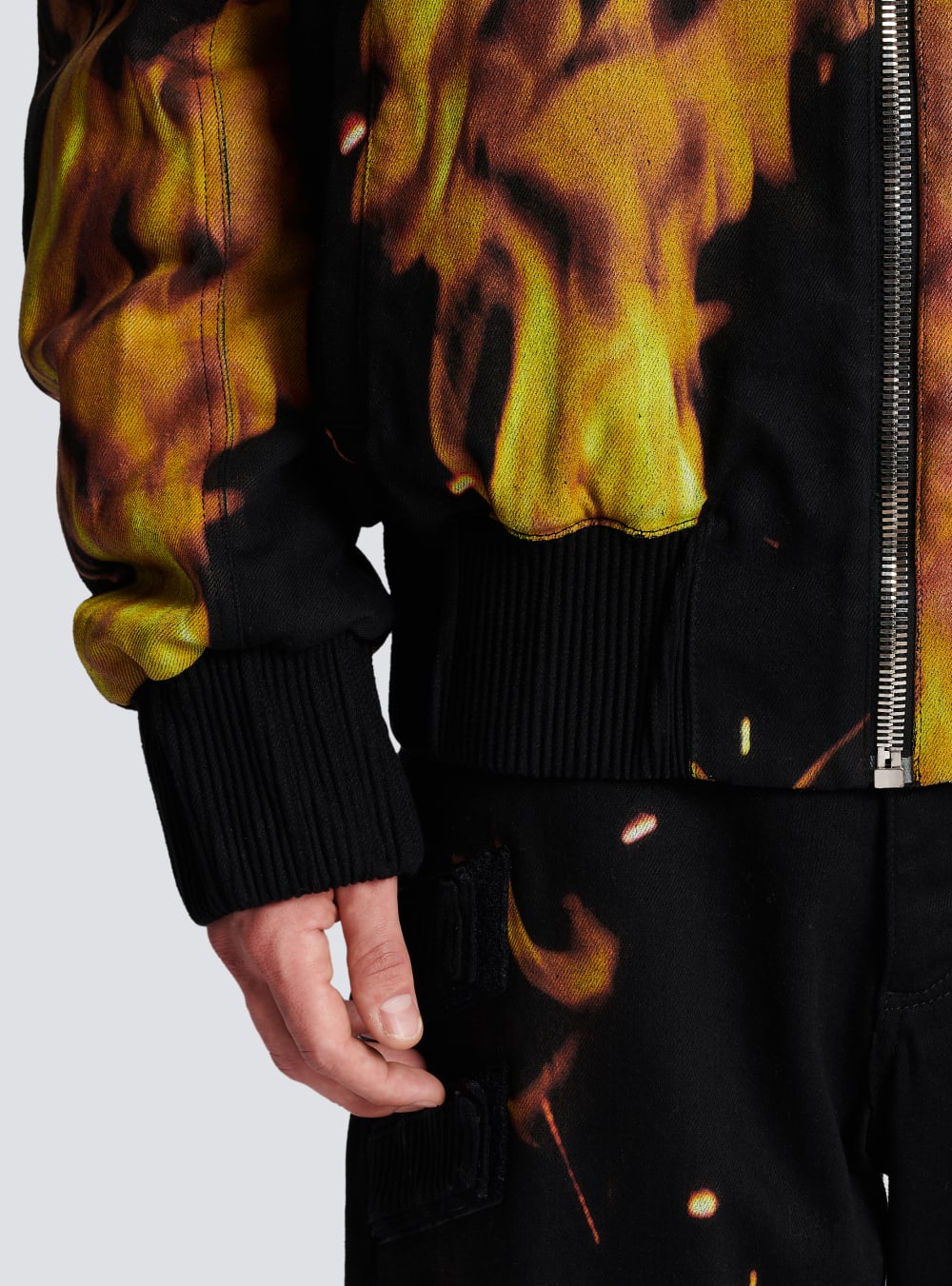 Men's Balmain Fire Print Denim Bomber Jackets Orange | USA TOYqJdpI