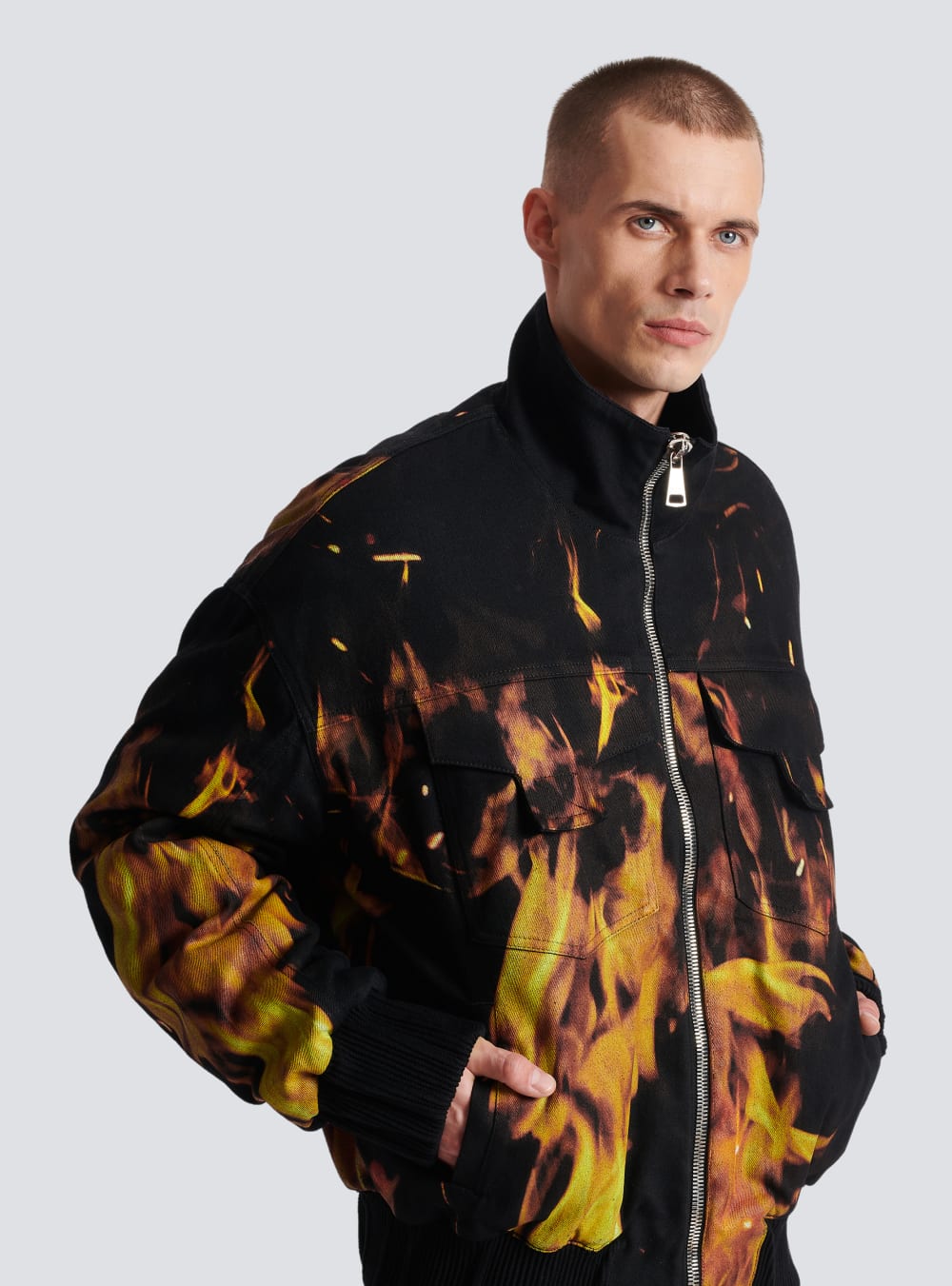 Men's Balmain Fire Print Denim Bomber Jackets Orange | USA TOYqJdpI